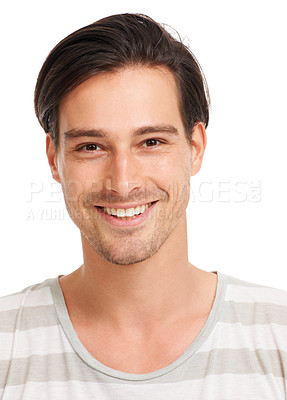Buy stock photo Fashion, smile and portrait of man in studio for casual, trendy and cool. Happiness, young and confident with face of male model isolated on white background for happy, youth and positive style