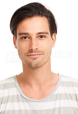 Buy stock photo Handsome man, face and closeup in portrait, fashion and clean aesthetic with short beard. Young person, confident and student with positive attitude in casual, relaxed and white background in studio