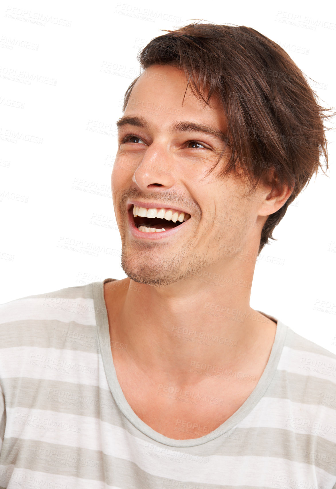 Buy stock photo Man, happy and fashion aesthetic with vision to relax, positive attitude and white background in studio. Handsome young model, brunette male and laughter with thinking, mockup and casual t-shirt