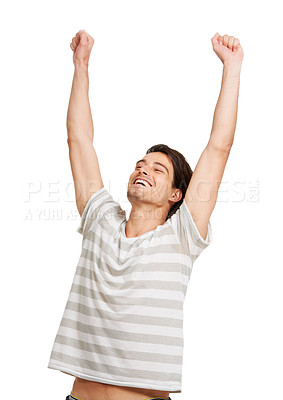 Buy stock photo Man, arms up or celebrate in studio for happy smile, review results or cheers. Male model, hands or emoji excited face or achievement or yes, winner goal congratulations as mockup on white background