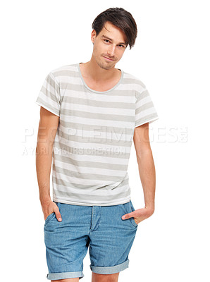 Buy stock photo Happy man, portrait and fashion with pride for relaxed pose, edgy and white background. Young model, handsome face and trendy aesthetic with denim shorts in t-shirt and confident in studio mockup