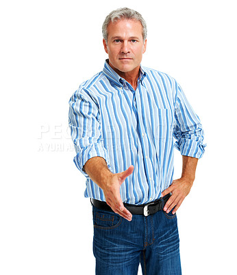 Buy stock photo Man, handshake and portrait in studio for business deal, meeting or confident style. Male model person, face and hand gesture for greeting, hello or introduction for opportunity, collaboration pride