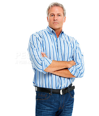 Buy stock photo Confident, arms crossed and portrait of man in studio for fashion, elegant and body language. Pride, natural and mature with senior model isolated on white background for smart, serious and mockup