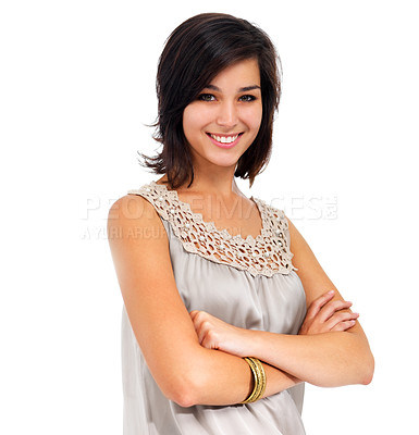 Buy stock photo Portrait, face and young woman with smile in arms crossed, fashion and attractive or trendy aesthetic. Beautiful model, gen z and cosmetic in happy for confident, white background and studio mockup