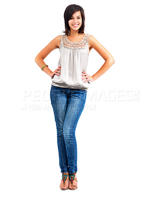 Buy stock photo Full-length confident young woman in jeans and top, isolated on white - copyspace