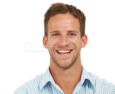 Buy stock photo Portrait, laughing businessman and face with white background, leadership and trust in Australia. Happy male model, corporate manager and professional worker in studio for smile, job and ceo success