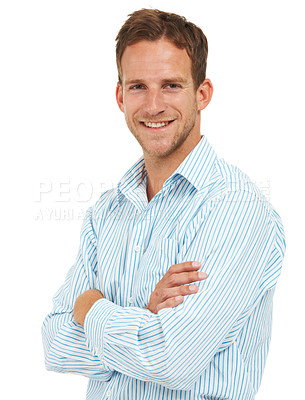Buy stock photo Portrait, businessman and arms crossed for success with white background, leadership or trust in Australia. Happy male model, corporate manager and professional worker on studio background with smile