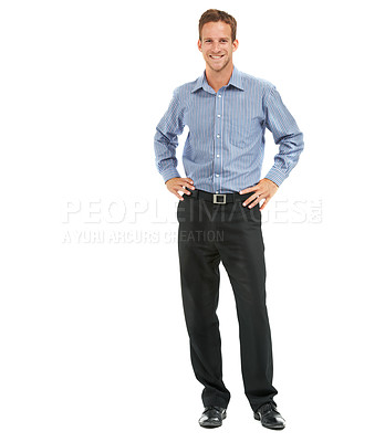 Buy stock photo Portrait, happy executive and man on studio background, leadership and happiness in Australia. Confident male model, business manager and professional worker smile on white background for ceo success