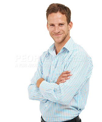 Buy stock photo Portrait, smile and businessman with arms crossed, studio and leadership with trust in Australia. Happy male model, corporate manager and professional worker on white background for executive success