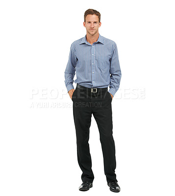 Buy stock photo Portrait, business and man hands in pants, smile and confident manager isolated on white studio background. Ceo, employee or male entrepreneur with corporate career, marketing leader and professional