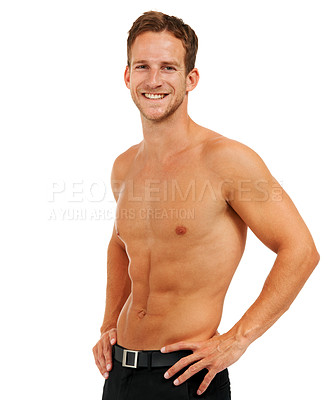 Buy stock photo Fitness, portrait and man in studio for wellness, health and exercise, topless on white background. Face, sports and guy posing with abs, muscle and training, workout and cardio routine with mockup