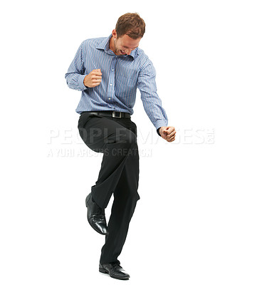 Buy stock photo Happy, dance and businessman in studio for celebration, success and good news on white background. Goal, achievement and male entrepreneur dancing, positive and excited for company goal with mockup