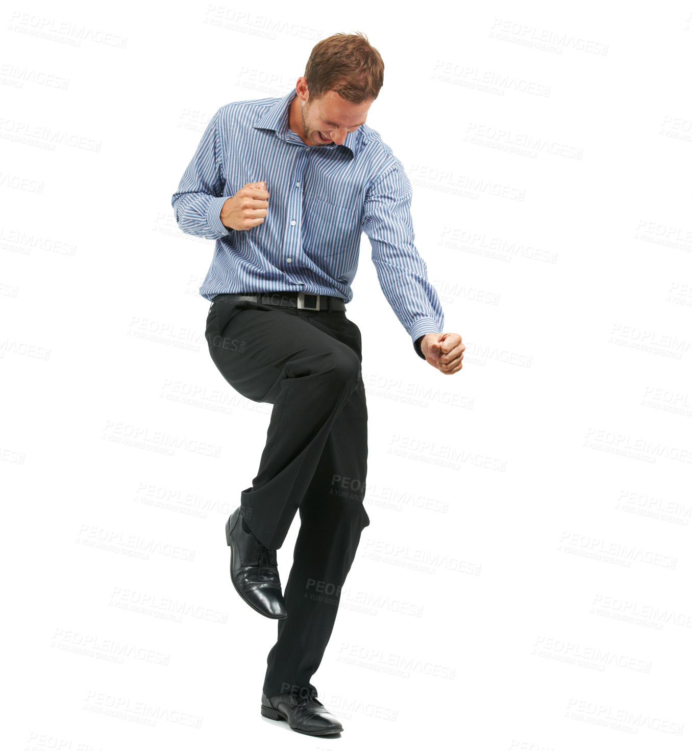 Buy stock photo Happy, dance and businessman in studio for celebration, success and good news on white background. Goal, achievement and male entrepreneur dancing, positive and excited for company goal with mockup