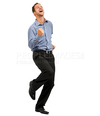 Buy stock photo Success, celebration and businessman in studio for dance, victory and happy on white background. Freedom, winning and successful man celebrating business, opportunity or startup goal with energy