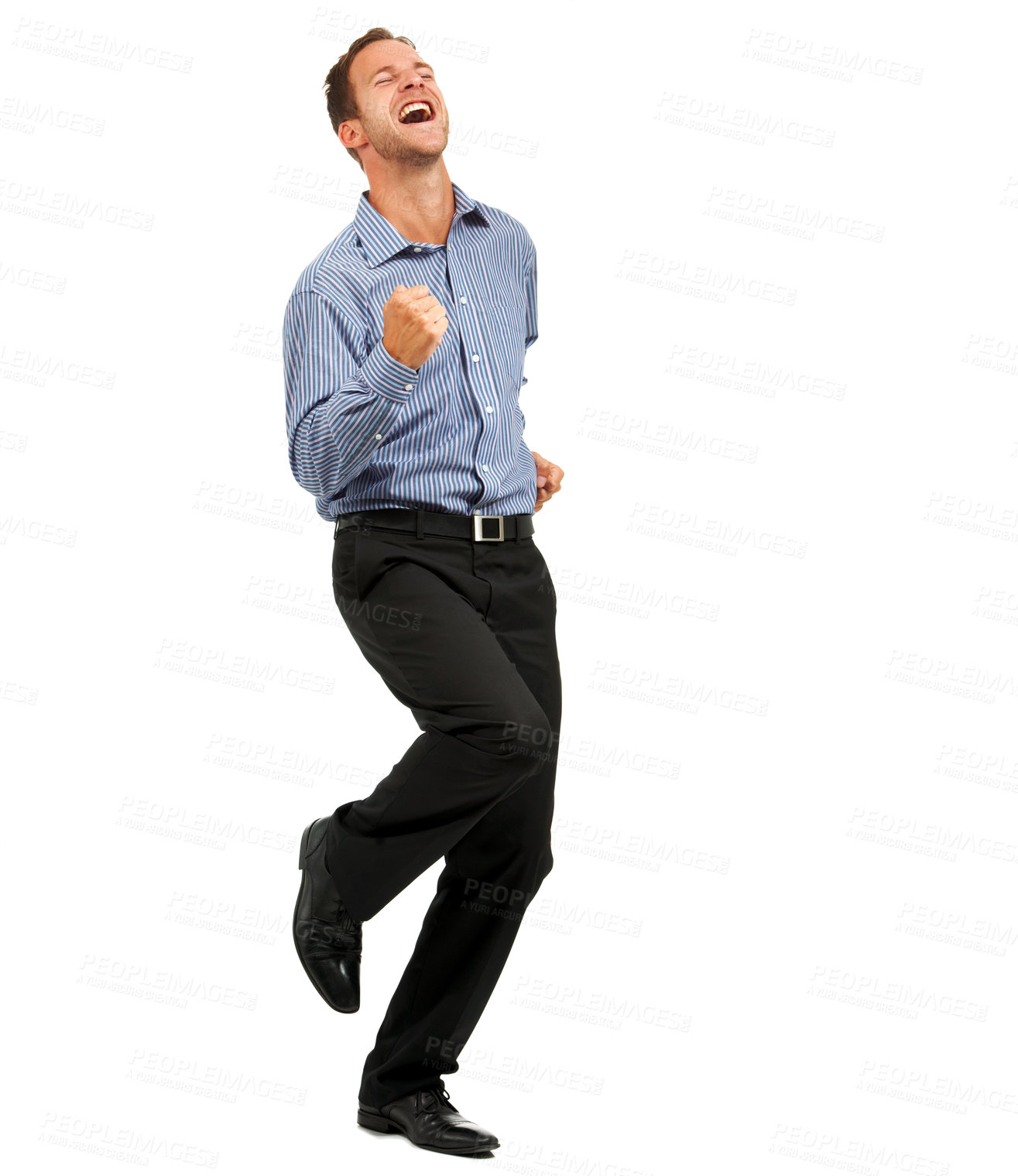 Buy stock photo Success, celebration and businessman in studio for dance, victory and happy on white background. Freedom, winning and successful man celebrating business, opportunity or startup goal with energy