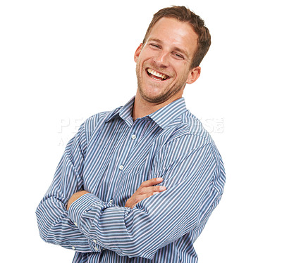 Buy stock photo Portrait, laughing businessman and leader with white background, vision and funny joke in Australia. Happy male model, corporate manager and professional worker in studio with smile, success and boss