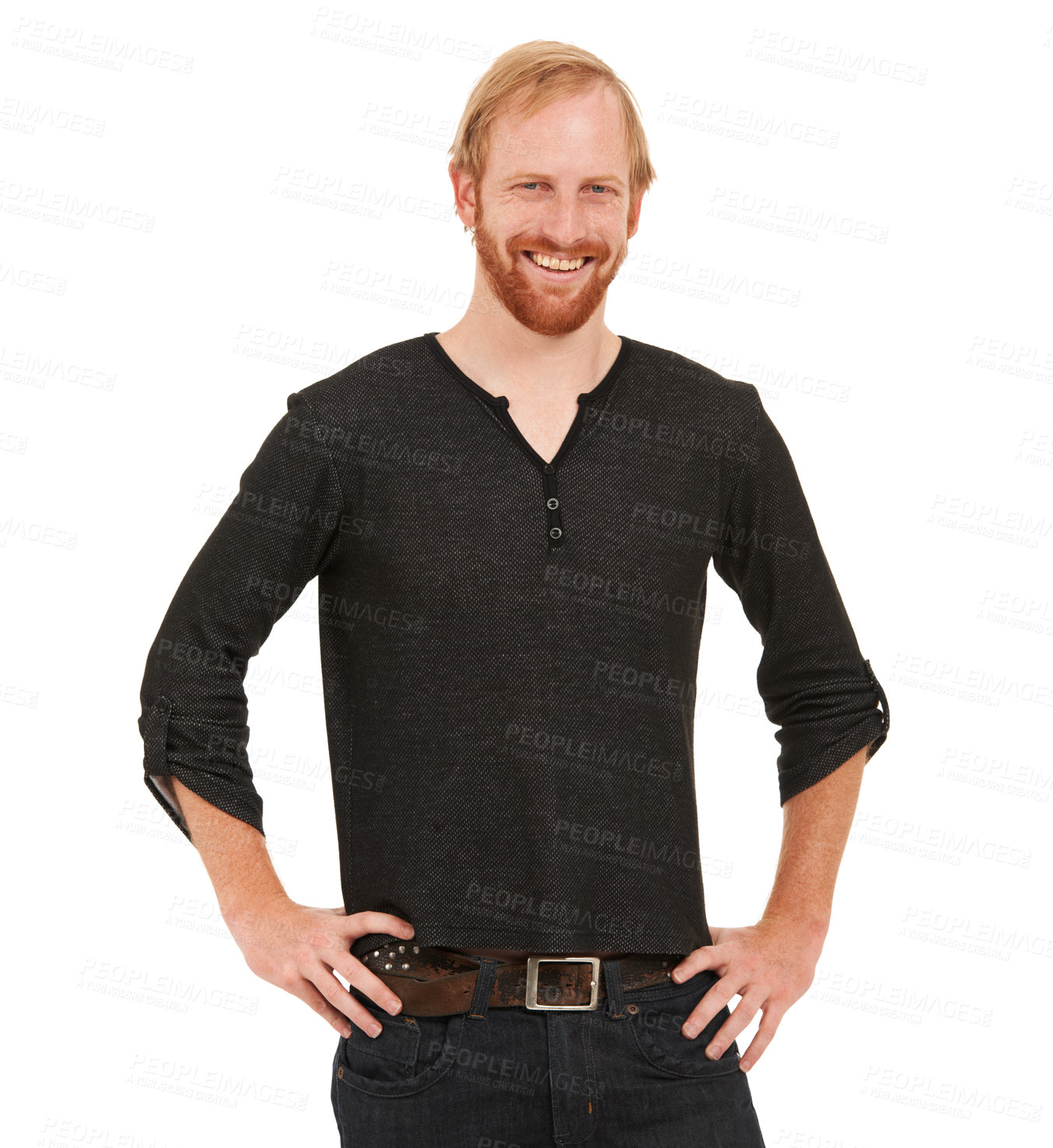 Buy stock photo Happy man, portrait and standing with hands on hip isolated against a white studio background. Male person, ginger or model with smile posing in confidence, happiness or casual fashion on mockup