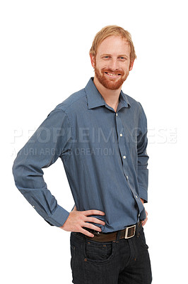 Buy stock photo Happy businessman, portrait and ginger standing with hands on hip isolated against a white studio background. Man, employee or model smile posing in confidence for career or casual fashion on mockup