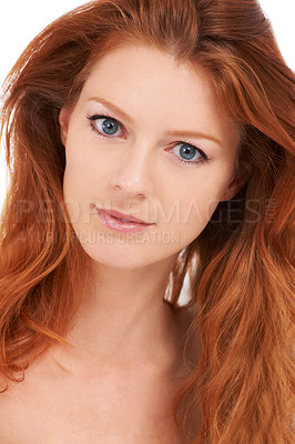 Buy stock photo Pretty red-headed woman with amazing skin looking engagingly at the camera