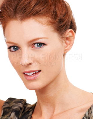 Buy stock photo Woman, portrait and natural beauty in studio as mockup, white background or confidence. Female model person, face and attractive or feminine style, pride or elegant for good mood or fashionable look