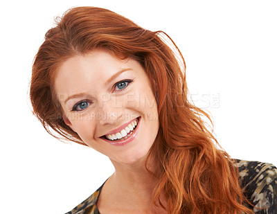 Buy stock photo Portrait, smile and dental with a ginger woman in studio isolated on a white background for cosmetics. Face, beauty or makeup and a confident young model with red hair at the dentist for oral hygiene