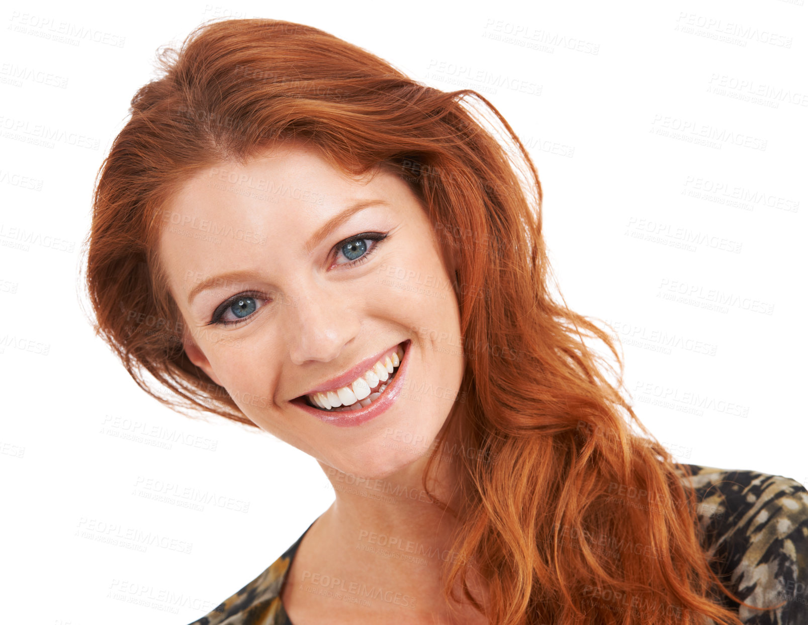 Buy stock photo Portrait, smile and dental with a ginger woman in studio isolated on a white background for cosmetics. Face, beauty or makeup and a confident young model with red hair at the dentist for oral hygiene