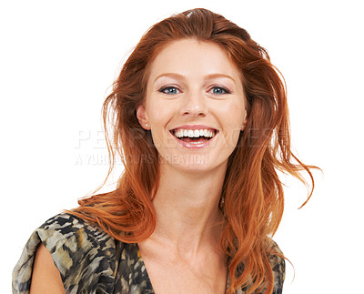 Buy stock photo Cheerful young red-haired woman laughing, isolated on white - copyspace