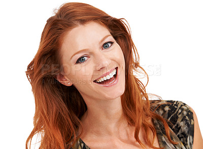 Buy stock photo Portrait, smile and beauty with a ginger woman in studio isolated on a white background for style. Face, fashion or skincare and a confident young model with red hair in a trendy outfit for glamour