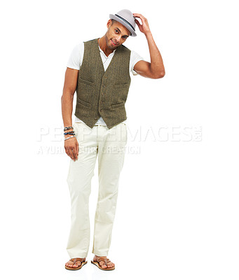 Buy stock photo Full-length portrait a handsome trendy young man tipping his hat to you, isolated on white