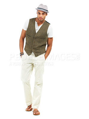 Buy stock photo Man, pocket and studio or energy portrait for luxury design, style trend or fashion clothes. Male model person, face and white background mockup for confident, good mood or creative outfit for summer