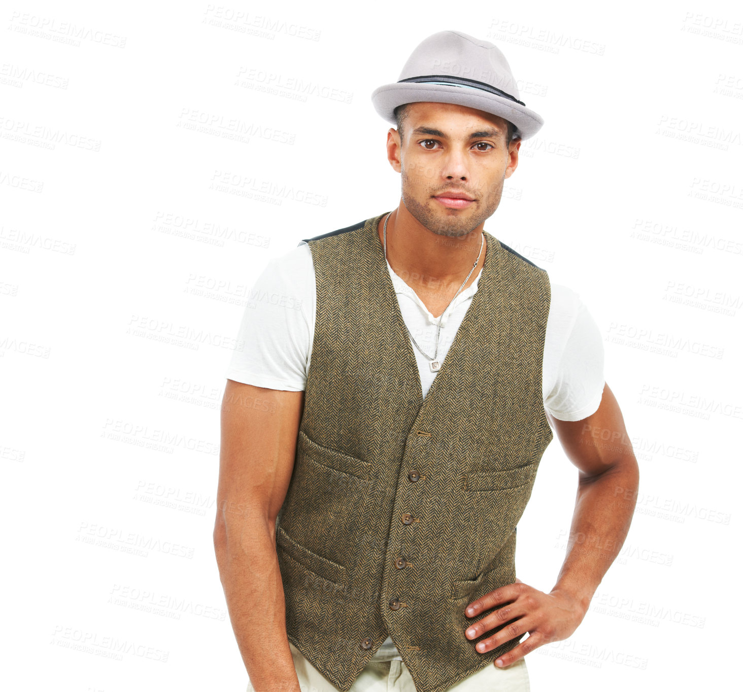 Buy stock photo Relax, man and fashion in studio portrait with trendy aesthetic, confident style and white background in mockup. Handsome model, mexican and assertive for serious in contemporary and gen z design

