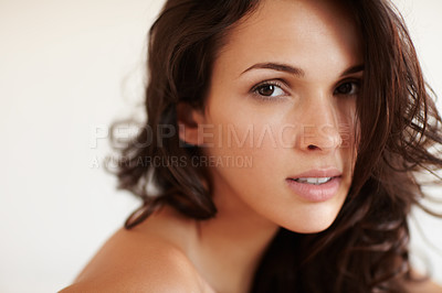 Buy stock photo Closeup portrait of an alluring brunette - Copyspace