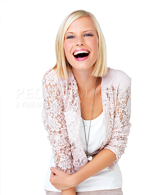 Buy stock photo Fashion, beauty smile and face of woman on white background with trendy, stylish clothes and glamour. Happiness, laugh and beautiful girl isolated in studio with confident, happy attitude and excited