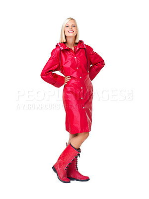 Buy stock photo Red raincoat, portrait and happy woman in a isolated studio with white background and mockup. Model, smile and young person with happiness ready for rain and storm with waterproof clothes in mock up