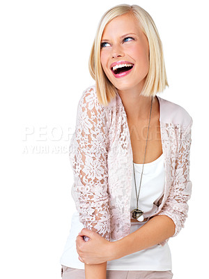 Buy stock photo Fashion, beauty smile and face of woman on white background with trendy, stylish clothes and glamour. Happiness, cosmetics and body of girl isolated in studio with confidence, happy and thinking