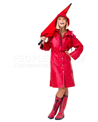 Buy stock photo Portrait, woman and umbrella with raincoat, cover and happiness with lady isolated on white studio background. Mockup, female and lady with winter outfit, boots and shelter from storm or on backdrop 