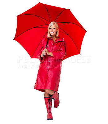 Buy stock photo Portrait woman and umbrella with smile, cover and confident girl isolated on white studio background. Face, young female and happy lady with cover from rain, joyful and cheerful with jacket and boots