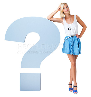 Buy stock photo Question mark, doubt and woman in a studio with thinking, curiosity and contemplating expression. Confusion, wondering and full length of a thoughtful female model isolated by a white background.