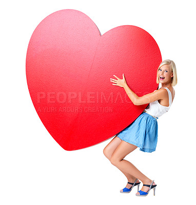 Buy stock photo Love, emoji and portrait of woman with red heart in studio for valentines day, poster or board on an isolated white background. Hope, shape and girl model holding icon, billboard or message and sign