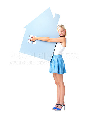 Buy stock photo Home icon, real estate and woman hug house on white background for property investment, mortgage and loan. Homeowner, realtor and isolated girl with 3d design for residence, market sale and rent