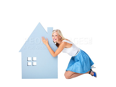 Buy stock photo Real estate, house icon and woman on floor on white background for property investment, mortgage and loan. Homeowner market, realtor and isolated girl hug 3d home for residence, apartment and rent