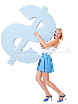 Buy stock photo Woman lifting dollar emoji, happy increase and profit in investment or startup finance loan credit isolated on white background. Money, budget and success with financial freedom in studio with smile.