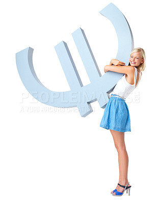 Buy stock photo Euro graphic, hug and Europe money sign love of a woman with happiness and smile in studio. Cash integration, bank and financial advertising aesthetic showing savings, budgeting and wealth success