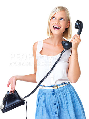 Buy stock photo Woman is happy with telephone call, smile with communication and virtual chat isolated on white background. Happiness, retro technology and young female face with mockup space, vintage and connection