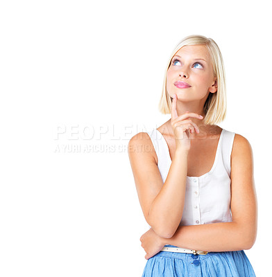 Buy stock photo Idea, thinking and woman in dress in studio isolated on a white background mock up. Decision, planning and young, proud and pensive female model lost in thoughts, nostalgic or contemplating memory.
