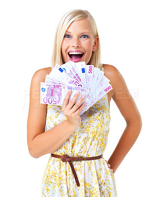 Buy stock photo Happy, euro currency and portrait of a woman with lottery winning money in a studio. White background, isolated and finance success of a model with cash and winner celebration from wealth and deal 
