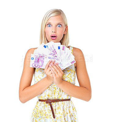 Buy stock photo Shocked, money and woman prize winner surprised, excited and wow isolated against a studio white background. Rich, euro and portrait of wealthy female with lottery cash for financial freedom