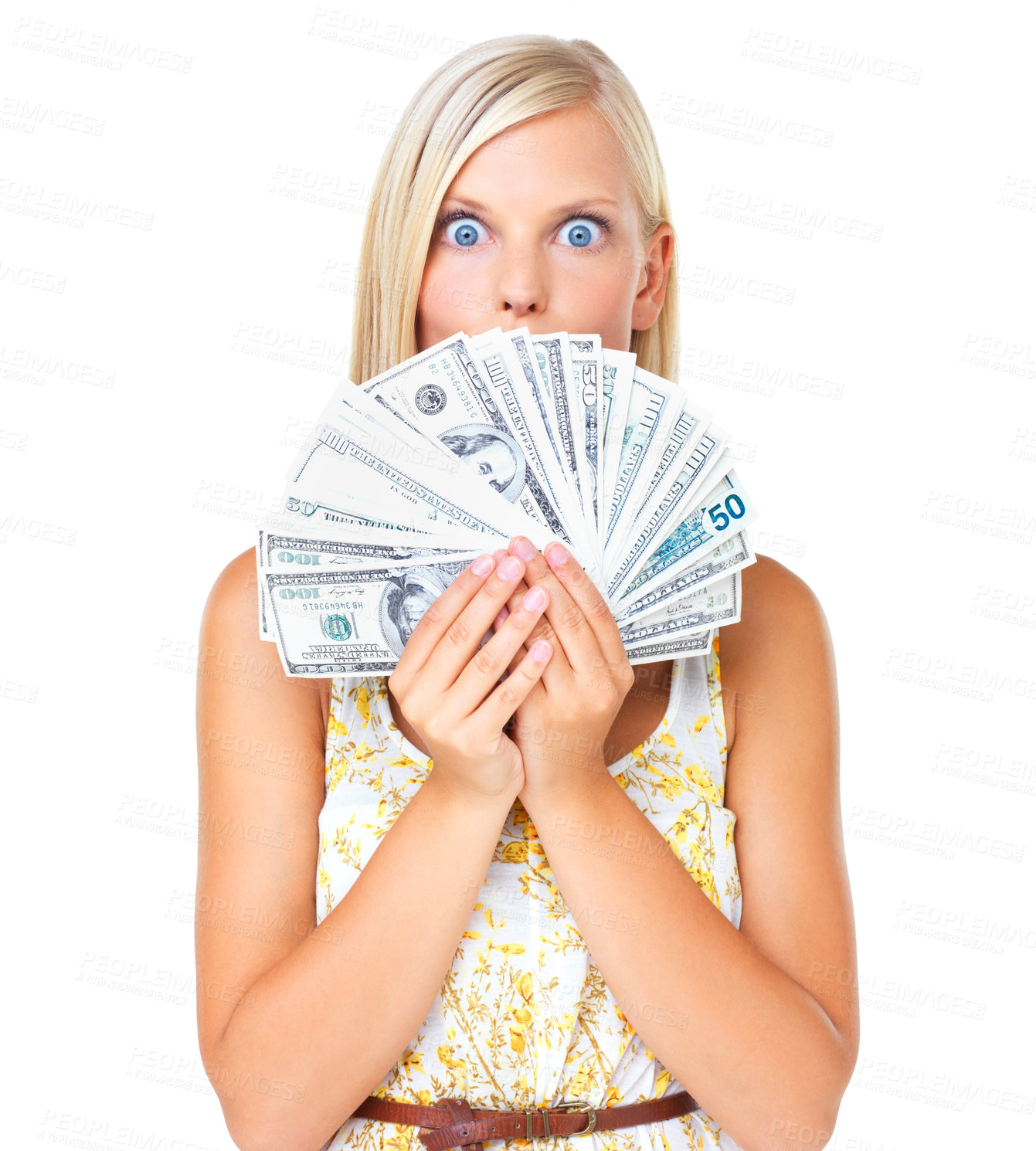Buy stock photo Wow, woman with money and dollars in portrait of investment profit or finance loan credit isolated on white background. Cash, budget and success shock in financial freedom or bonus payment in studio.