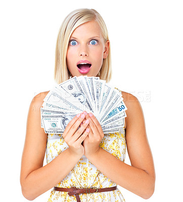 Buy stock photo Wow, happy and woman cash prize winner surprised, shocked and excited isolated against a studio white background. Rich, euro and portrait of wealthy female with lottery money for financial freedom