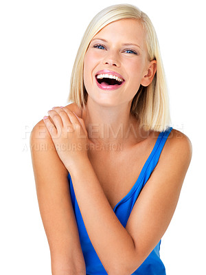 Buy stock photo Laughing, woman smile and portrait of a person from Switzerland with happiness in studio. Isolated, white background and casual fashion of a female model feeling happy, excited and positive alone